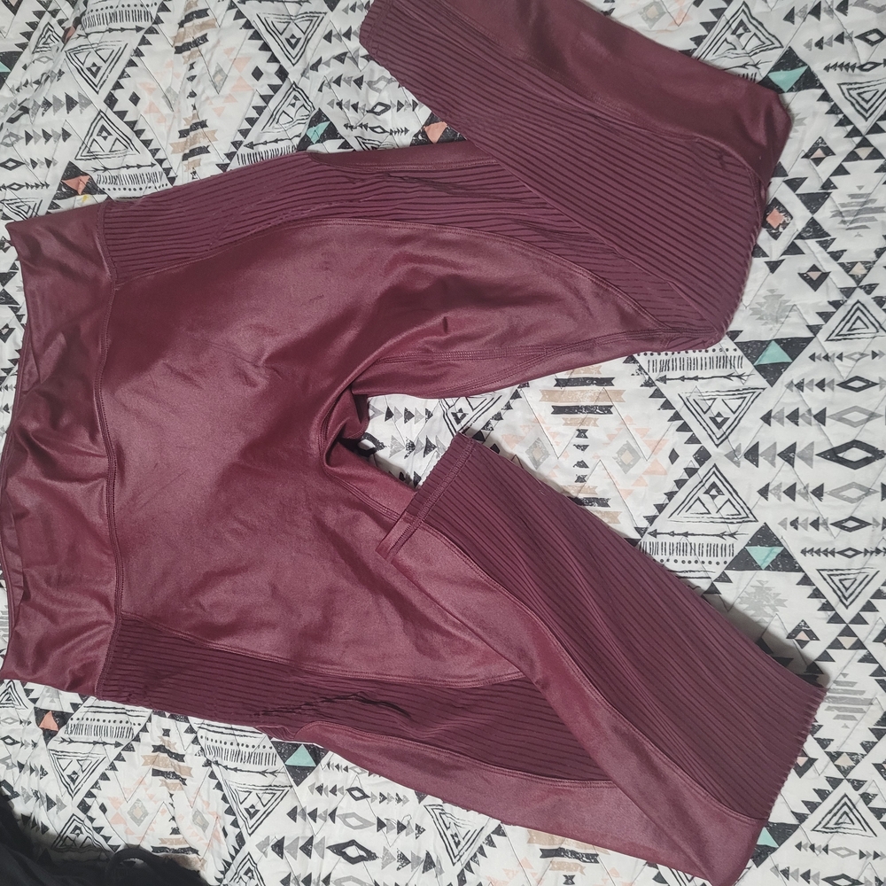 Fabletics Burgundy Leggings with Ribbed Detail